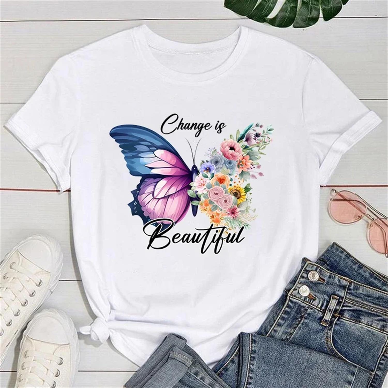 Butterfly T shirt New Fashion Change Is Beautiful Print Graphic T Shirt Fashion Casual Short Sleeve Shirt Tee XXXXXL белый