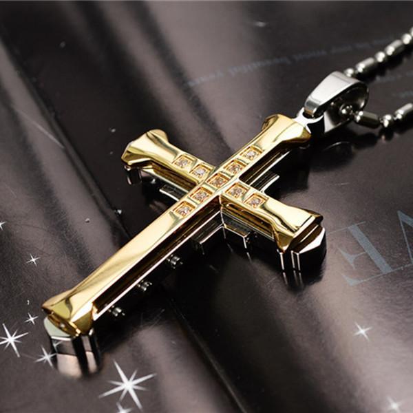 Dark Knight Men'S Cross Pendant With Diamond Silver Gold Black Domineering Pendant Necklace