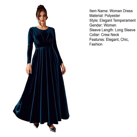 Damen Samt Maxi Kleid Lässig Rundhals Langarm A-Linien Swing Kleid Herbst Cocktailparty Formelles Kleid für Hochzeitsgast