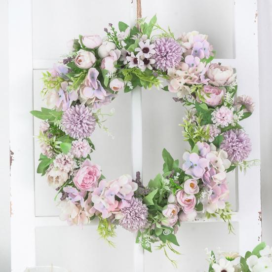 15.75" Spring Wreath Faux Peony Wreath Artificial Hydrangea Peony Flower Wreath with Green Leaves for Home Front Door Wedding Wall Decor