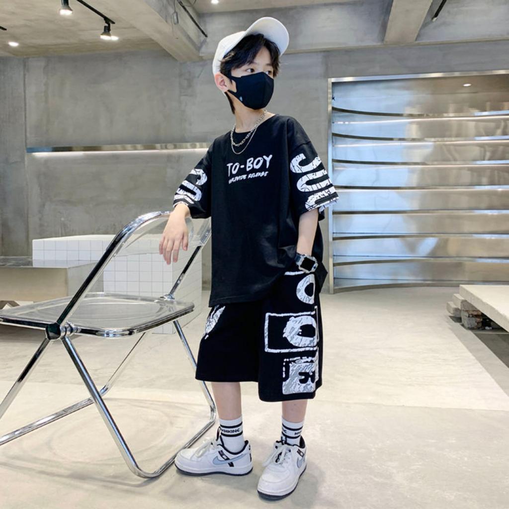 Boys' Summer Fashion Leisure Sports 2-piece T-shirt+Pants Suitable for Boys Aged 5-14 Hip Hop Style Fashion Clothing Set