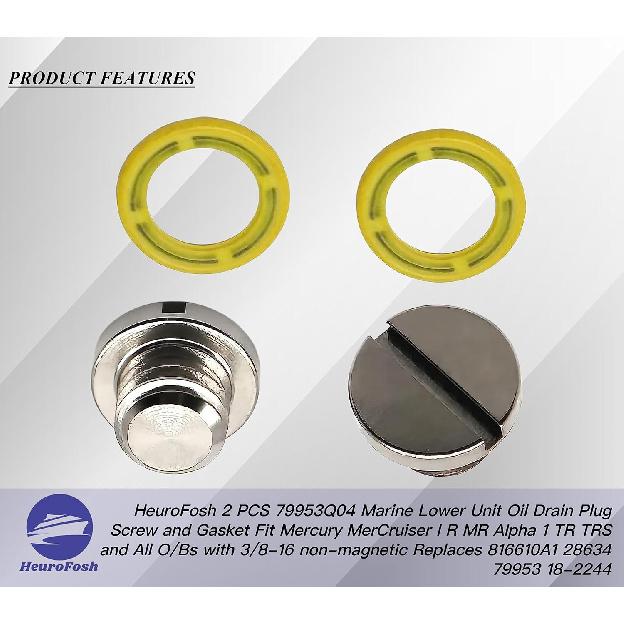 2 PCS 79953Q04 Marine Lower Unit Oil Drain Plug Screw and Gasket Fit Mercury MerCruiser I R MR Alpha 1 TR TRS and All O/Bs with 3/8-16 Non-Magnetic
