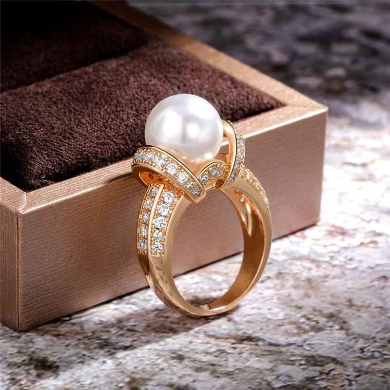 925 Sterling Silver Pearl Gold Color Wedding Rings Women Shiny CZ Romantic Marriage Ceremony Party Ring Fashion Accessories