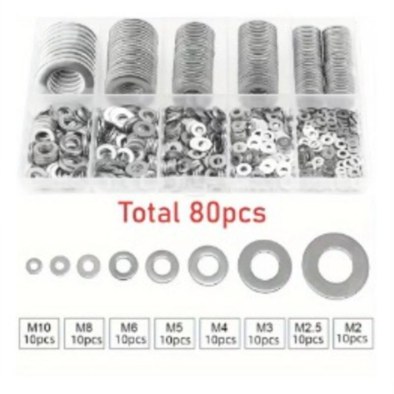 

80/180/360 шт. Шайбы из нержавеющей стали, уплотнительные кольца, крепежные элементы, набор прокладок, ассортиментные наборы M2 M2.5 M3 M4 M5 M6 M8 M10, плоские шайбы, втулки 80PCS серебряный