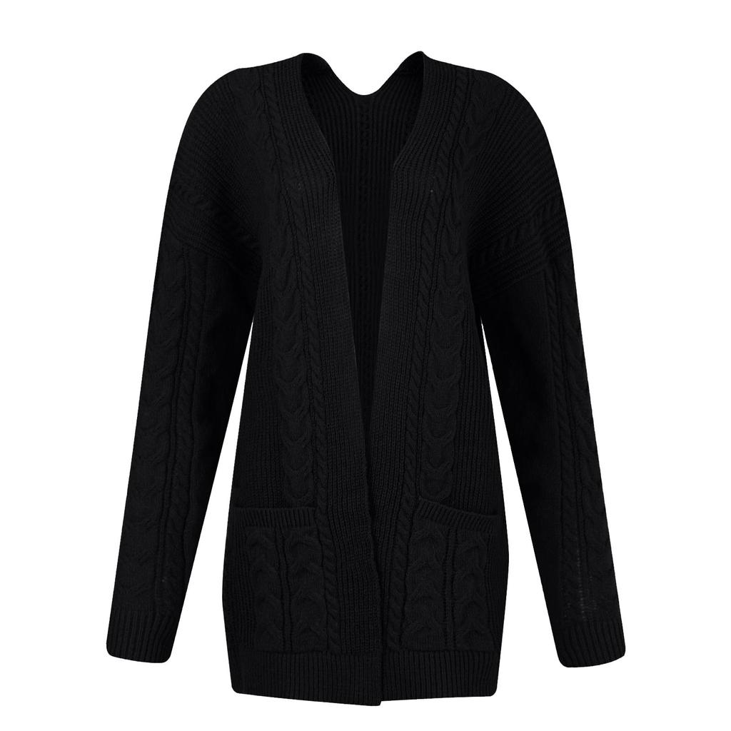 Women's Solid Color Pocket Mid Length Knit Cardigan Jacket Sweater