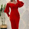 Women's Off Shoulder Midi Dress V Neck Wrap Front Puff Long Sleeve Ruched Waist Bodycon Elegant Party Dress