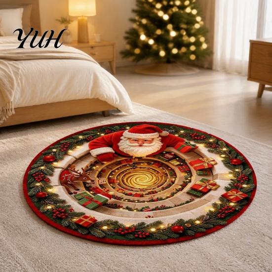 Cozy Indoor Holiday Decorations Christmas Round Area Rug, 3D Visual Trap Floor Mat with Santa Elk Print, Claus Print Rugs Non-Slip Stain Resistant