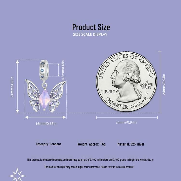 S925 Sterling Silver Exquisite Butterfly Tassel Beaded Pendant for DIY Jewelry