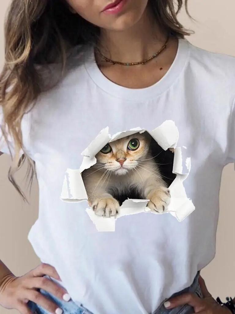 Summer Plus Size Print T Fashion 3D Cat Lovely Trend Cute Women's Clothing Short Sleeve Clothes Summer T-shirts Ladies Graphic Tee