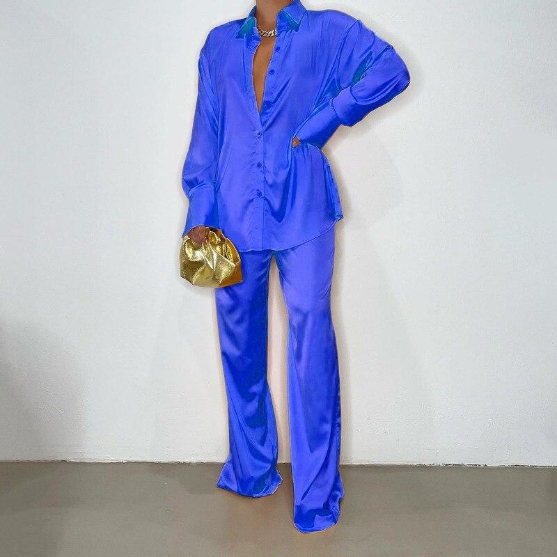Casual Loose Satin Blouse Women Sets Elegant Long Sleeve Two Pieces Outfits Women Shirt Straight Pants Suit Female Solid Tops