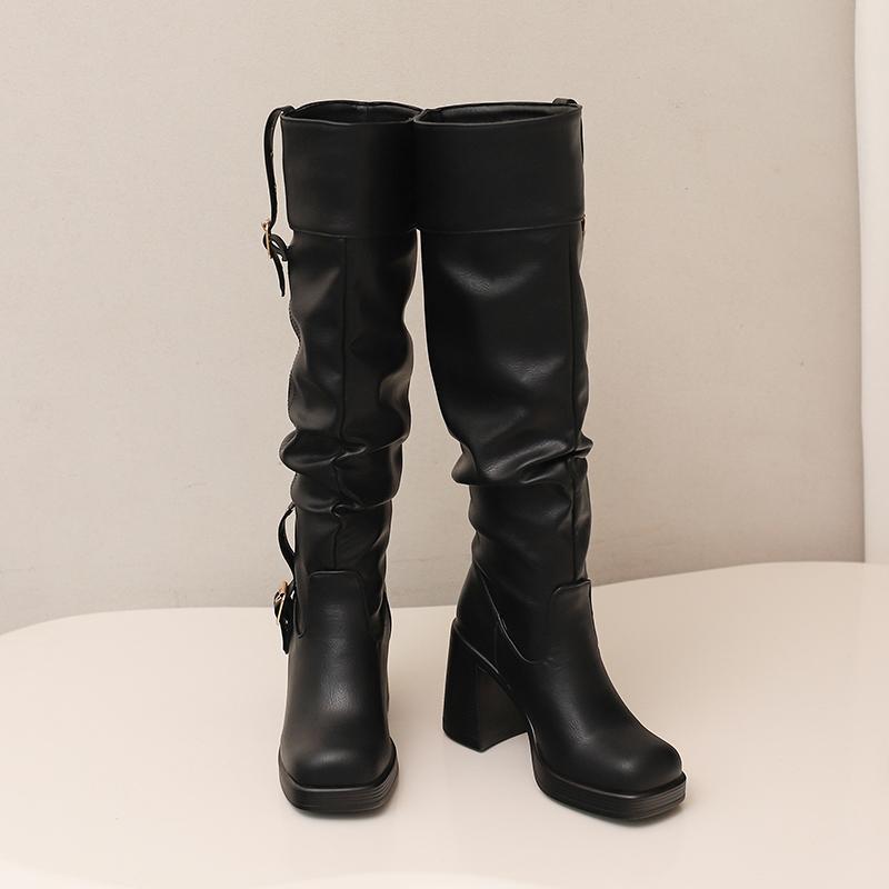 Women's High-heeled Boots Autumn and Winter Thick-heeled Large-size Casual Boots Roman Medium Boots