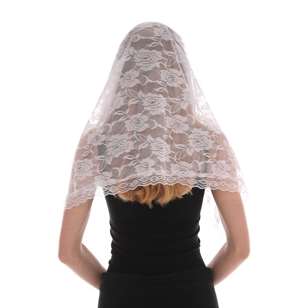 

D Shape Lace Veil Rose Women Scarf Fashion Accessory Church Shawl Chapel Service білий