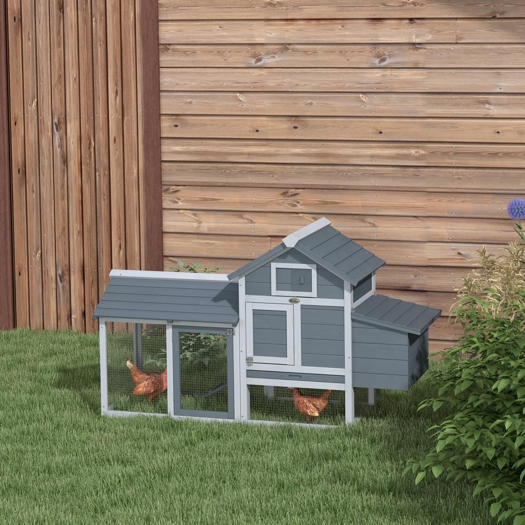 Dwarf chicken coop with run nesting box removable floor tray 150.5 cm x 54 cm x 87 cm natural wood gray