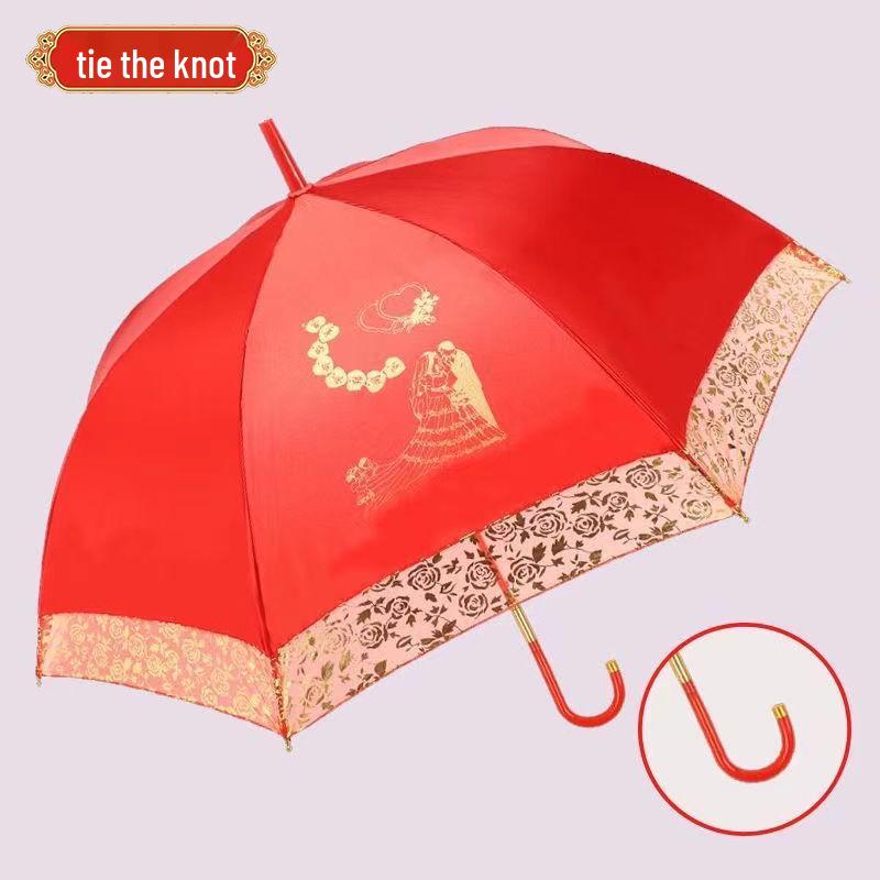 Bright Red Embroidered Bridal Wedding Umbrella with Lace Edge and Long Handle