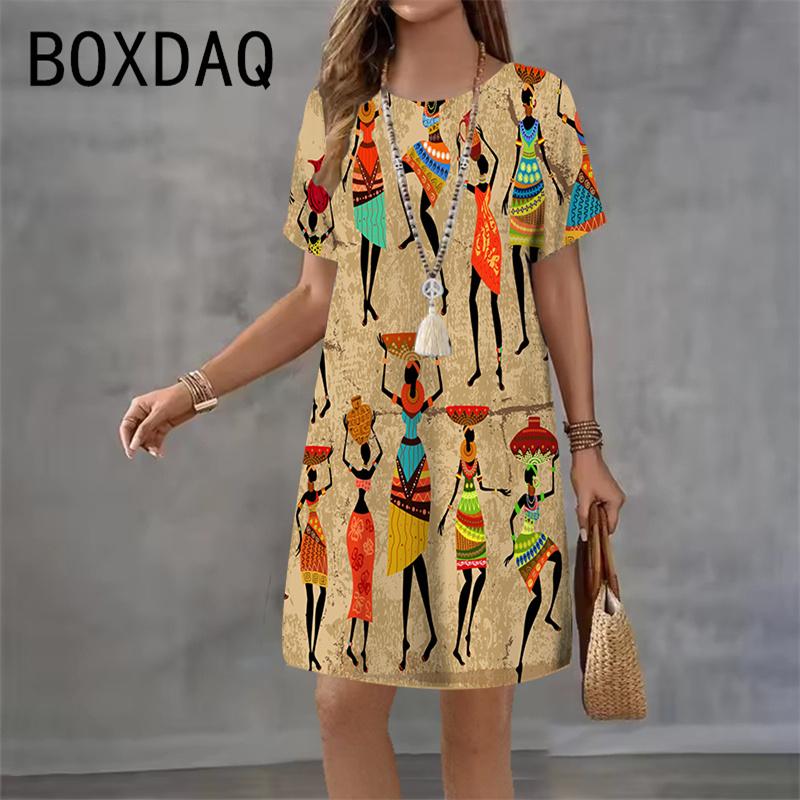 

3D India Style Printed Dress round Neck Short Sleeve Casual Mini Skirt for Women Summer New Beach Party Dress Vestidos S