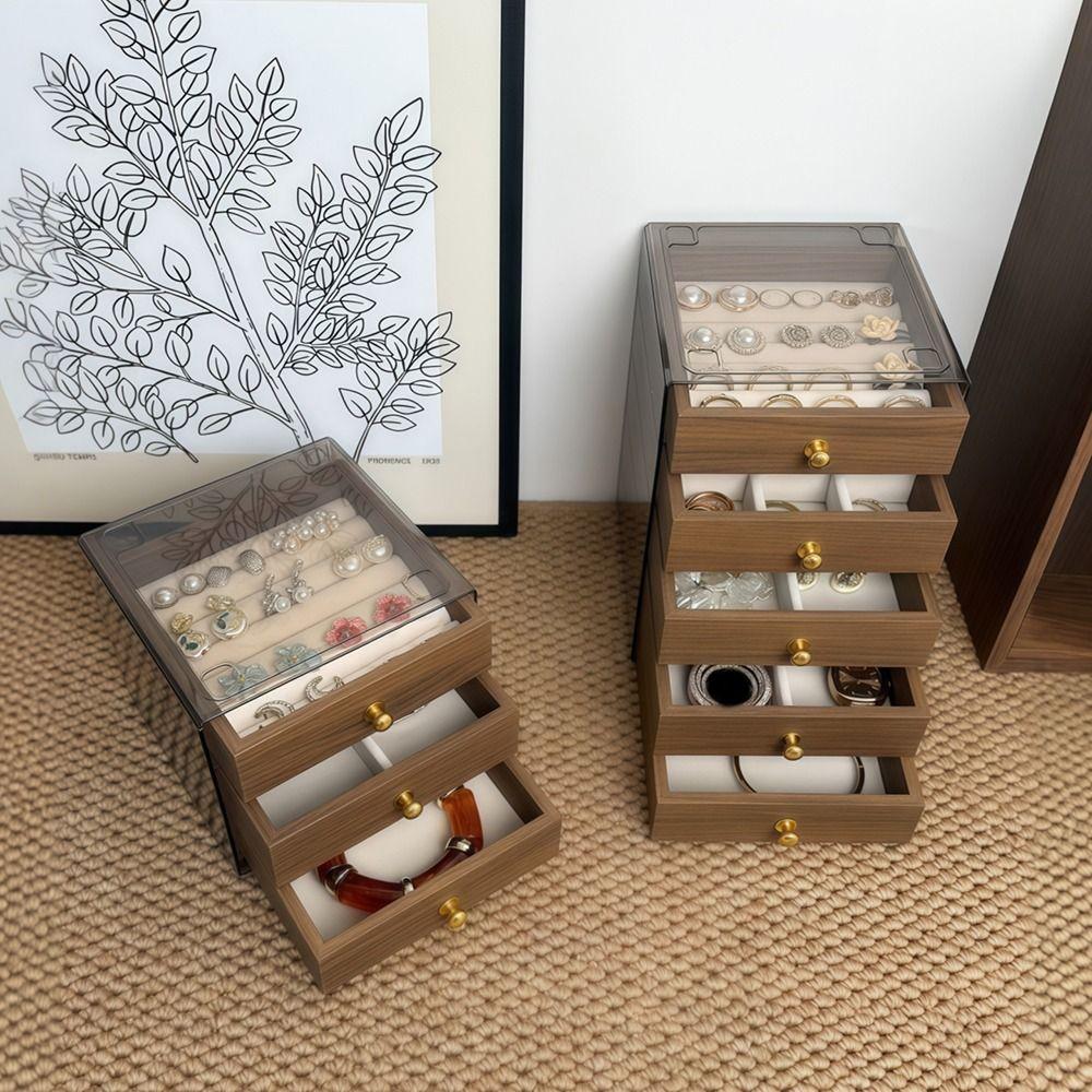 Large Capacity Wooden Walnut Grain Jewelry Box Dust-proof Necklace Display Storage Boxes  Gifts