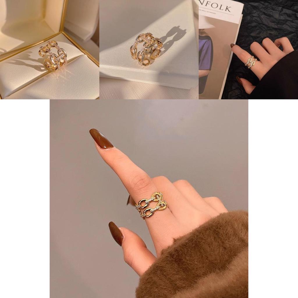 Elegant Adjustable Copper Ring With Geometric Design And Sparkling Zirconia For Women