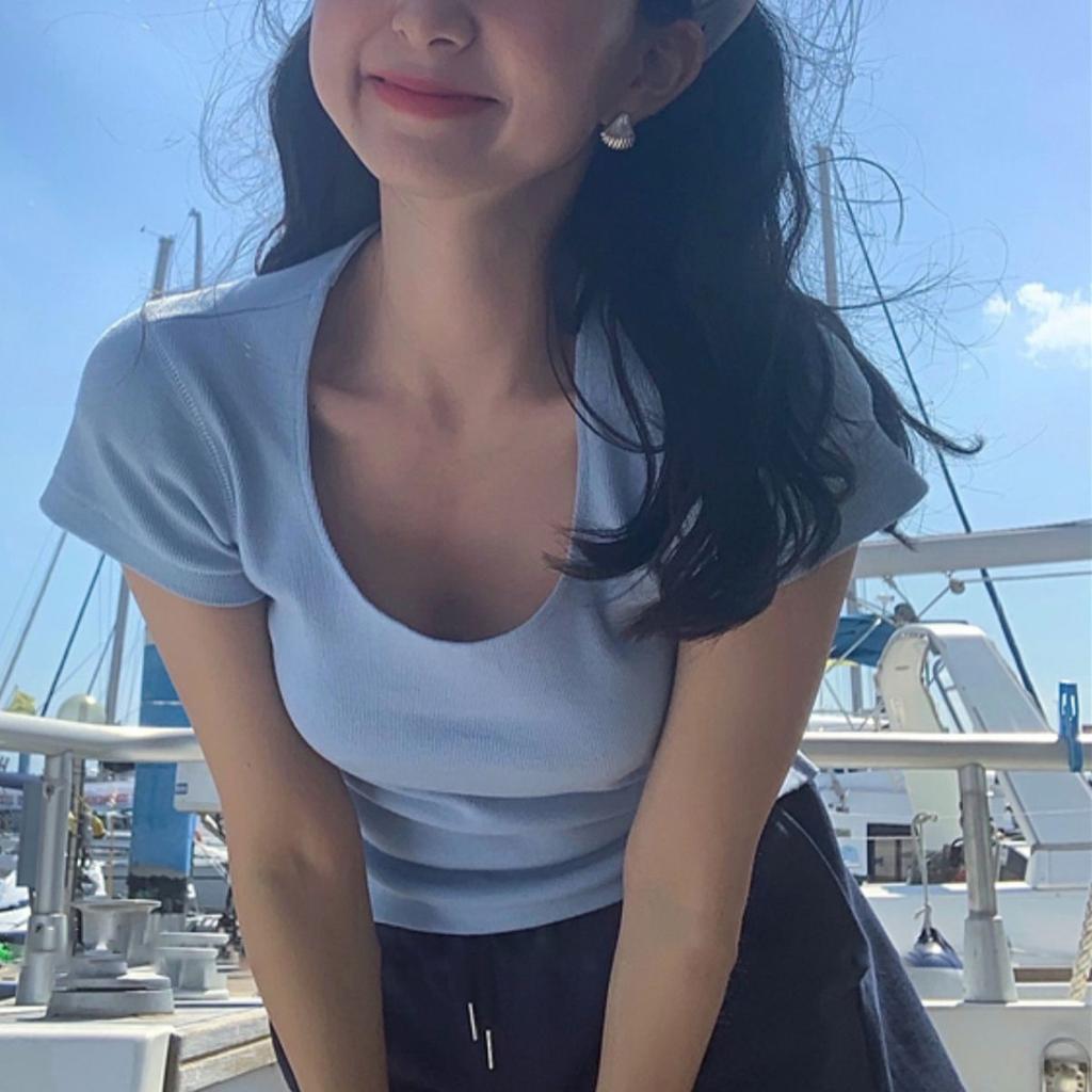 Tricou cu mânecă scurtă în dungi de vară coreeană pentru femei