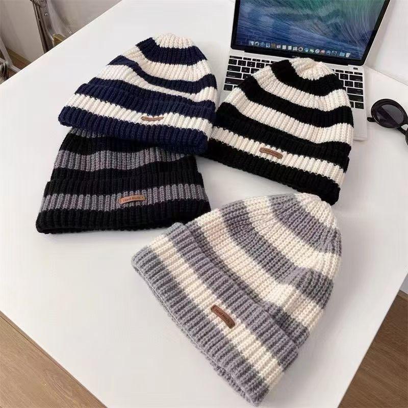 Stripe Beanie Cap for Women Winter Thick Needle Knitted Hat Vintage Hip Hop Female Slouchy Hats Casual Streetwear Hat