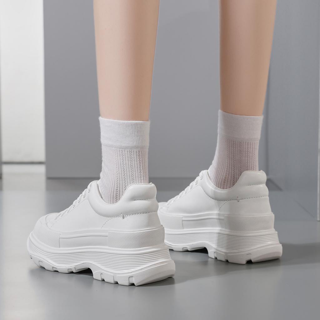 Leather platform white shoes women's spring new front lace-up lightweight height-increasing muffin shoes versatile casual board shoes