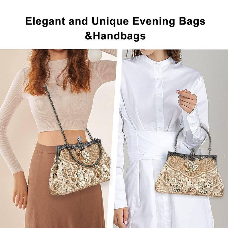 Women Embroidered Beaded Sequin Evening Handbag Vintage Shoulder Bag Purse for Wedding Bridal Prom Party Elegant Top Handle Bag