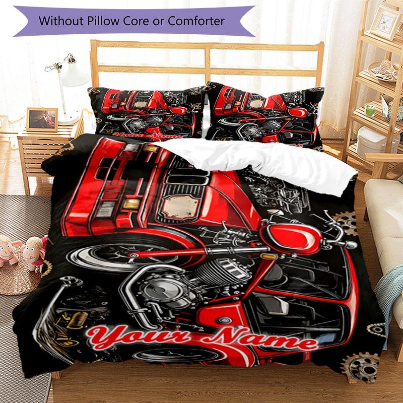 3PC Custom Name Retro Car Motorcycle Art Bedding Set Printed Bedding Set Duvet Cover Closure Includes 1 Duvet Cover & 2 Pillowcases for All Seasons Be