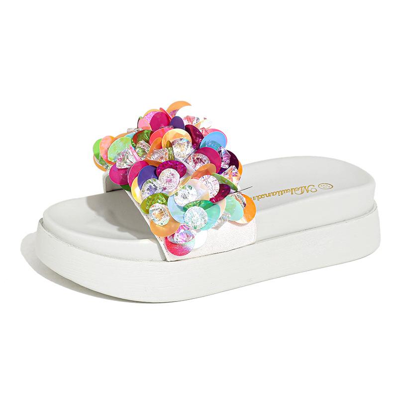 Fashion Thicken Soled Crystal&Paillette Platform Sandals Woman Flats Slip On Slippers Slip On Ladies Flipflops Open Toe Slides Pantuflas
