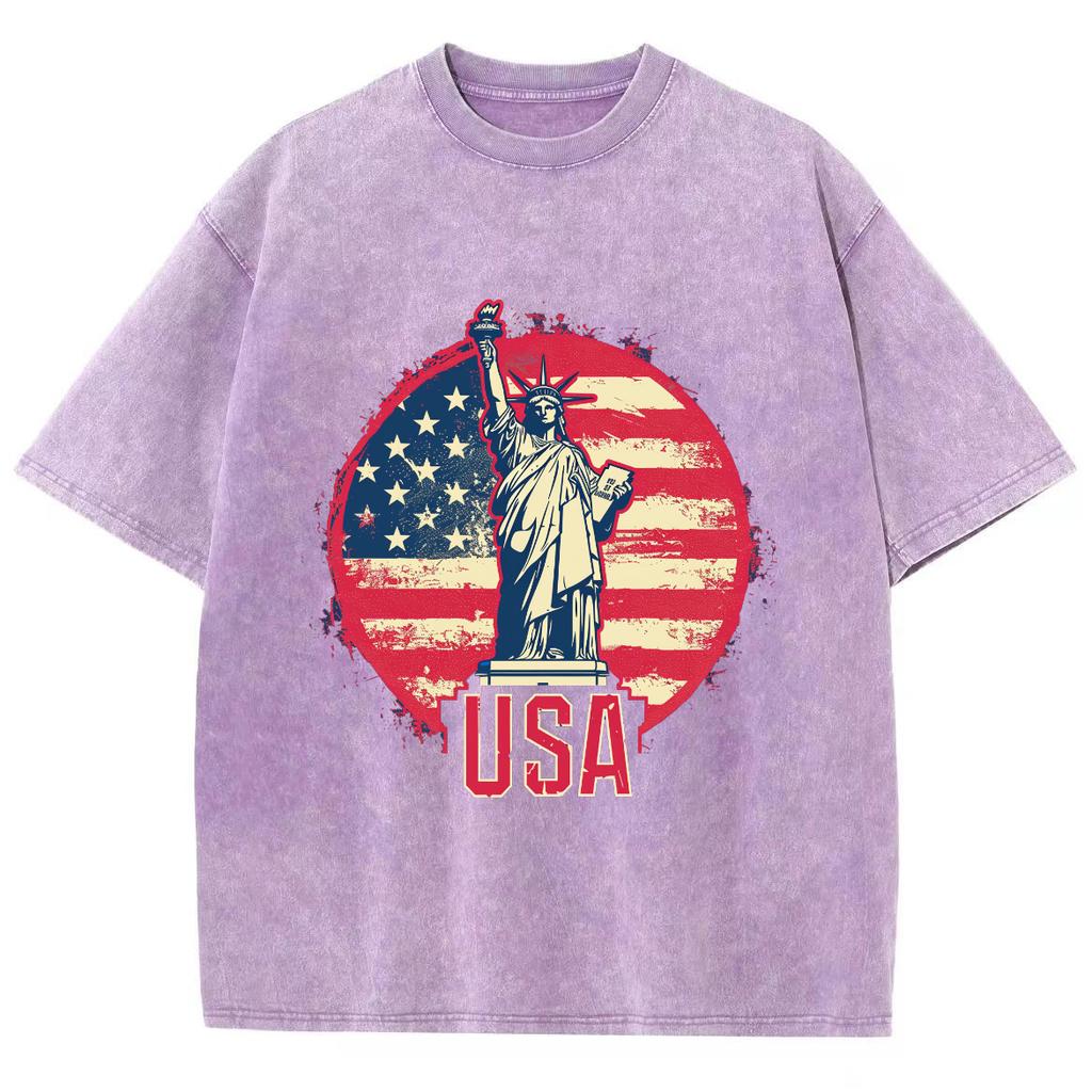 USA American Statue Of Liberty Women's T-Shirt Loose Wash Oversized Short Sleeve Fashion Simple Top