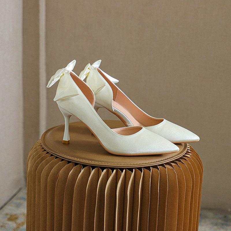 Fashion White Pointed-Toe Bow Stiletto High Heels, Women'S Side-Open Sandals, Satin Shallow Toe Single Shoes