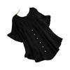 Women's Casual Loose Color Ruffled Hem Round Neck Short Sleeve Button Top