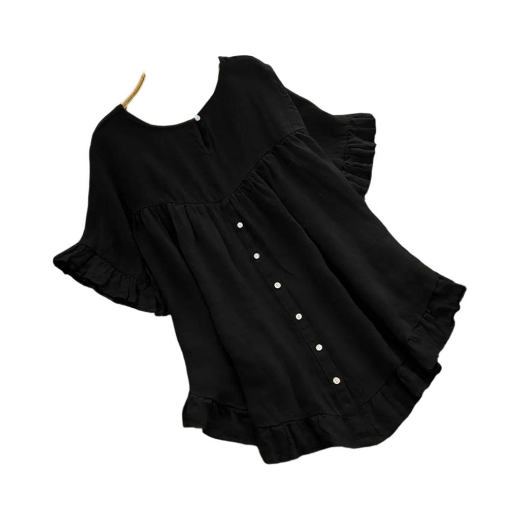 Women's Casual Loose Color Ruffled Hem Round Neck Short Sleeve Button Top