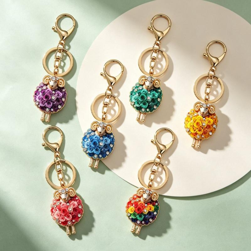 Rhinestone Rose Sheep Keychain With Shiny Crystals Great As Bag Pendant Key Holder Gift
