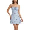 European and American style color embroidered suspender dress, light blue square neck drawstring waist A-word short skirt