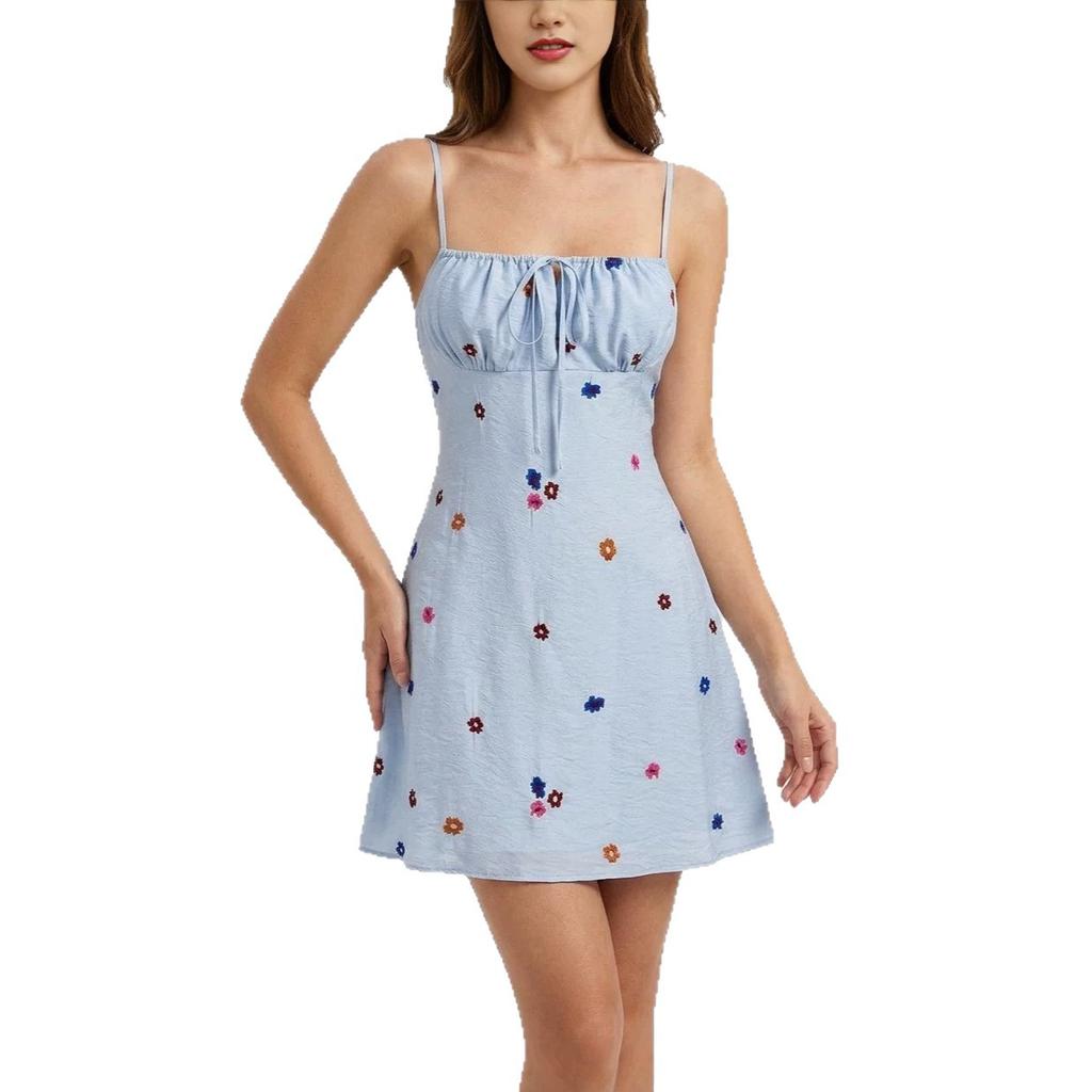 European and American style color embroidered suspender dress, light blue square neck drawstring waist A-word short skirt