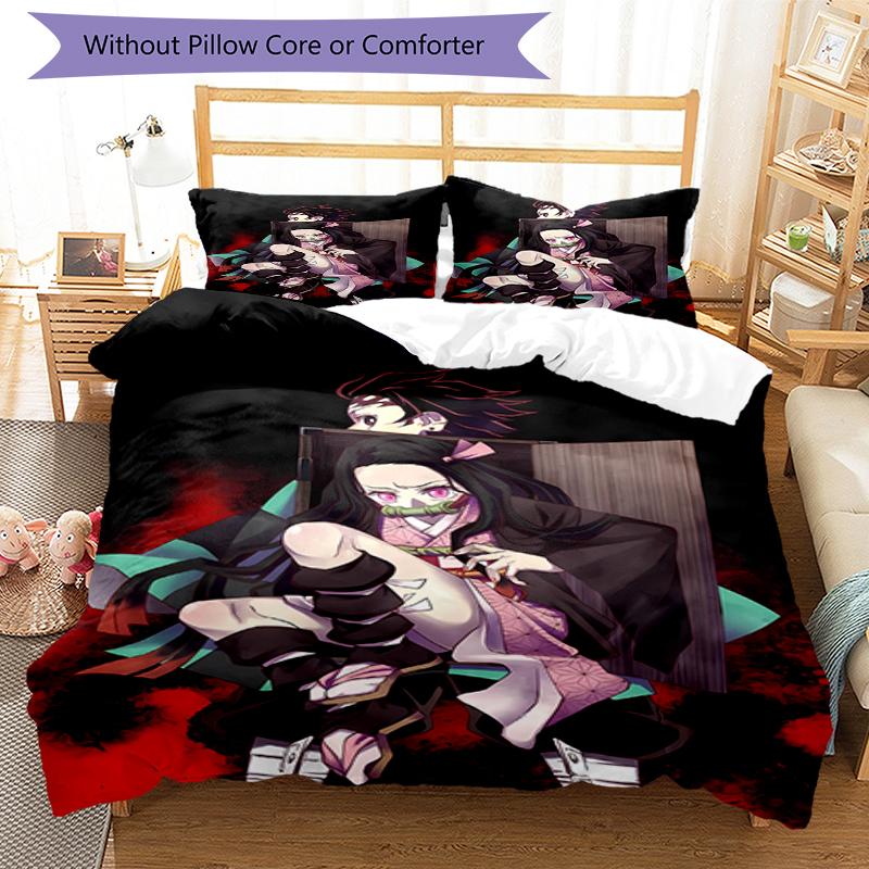 3pcs Demon Slayer Bedding Set Duvet Cover Closure Includes 1 Duvet Cover & 2 Pillowcases, Soft and Comfortable for All Seasons.