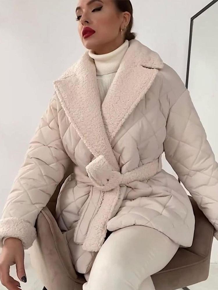 

Женская жаккардовая куртка с толстой подкладкой, воротником и поясом XL бежевый