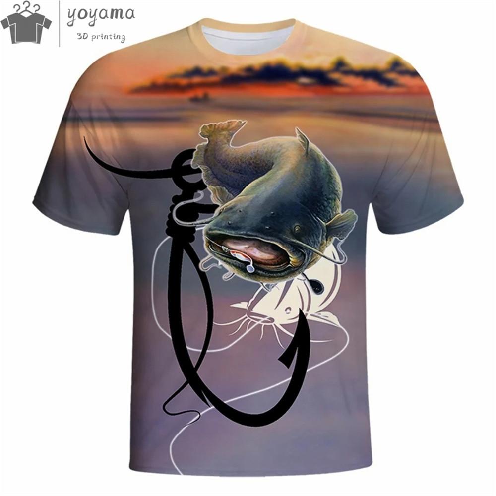 Summer Men's T-shirt 3D Catfish Print Short Sleeved Outdoor Fishing Sports Fashionable Casual Round Neck Top Oversized T-shirt