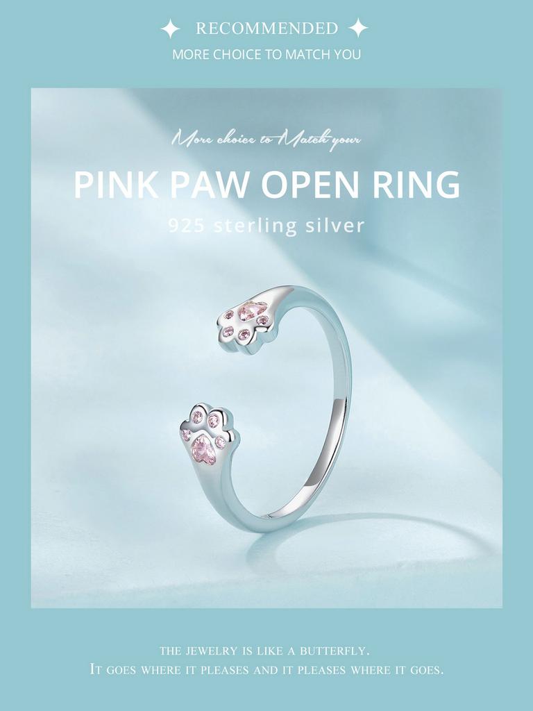 BAMOER 925 Sterling Silber Rosa Pfotenring 925 Sterling Silber+Pavé Fassung CZ+plattiertes Weißgold Für Damen Edler Schmuck