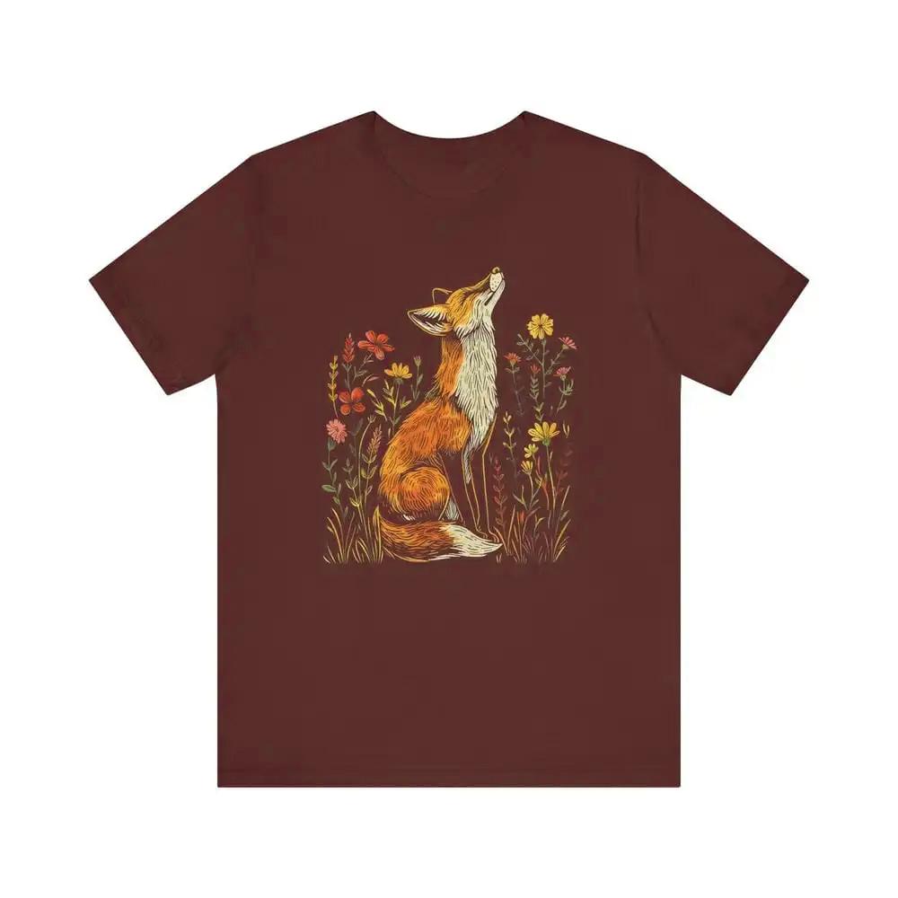 Tees Wildflower Fox Print Comfort Unisex Clothes T Shirt Daily Match Casual Tops Pure Cotton Girls Tshirt Crewneck Short Sleeve