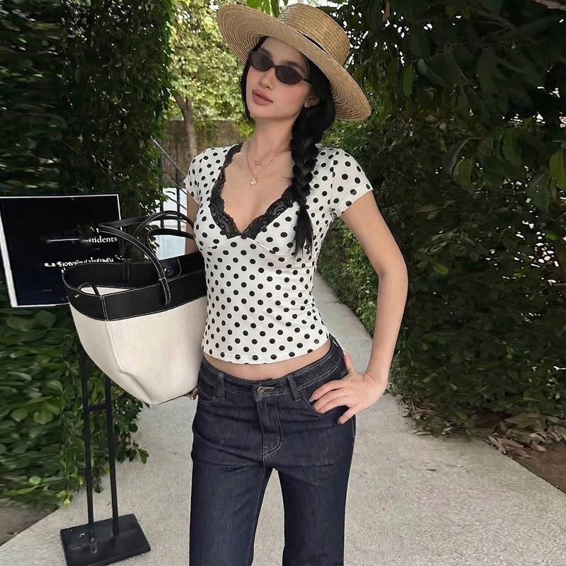 Sexy polka dot splicing V-neck short-sleeved T-shirt women's summer new Spice Girl slim-fitting and thin short-sleeved top