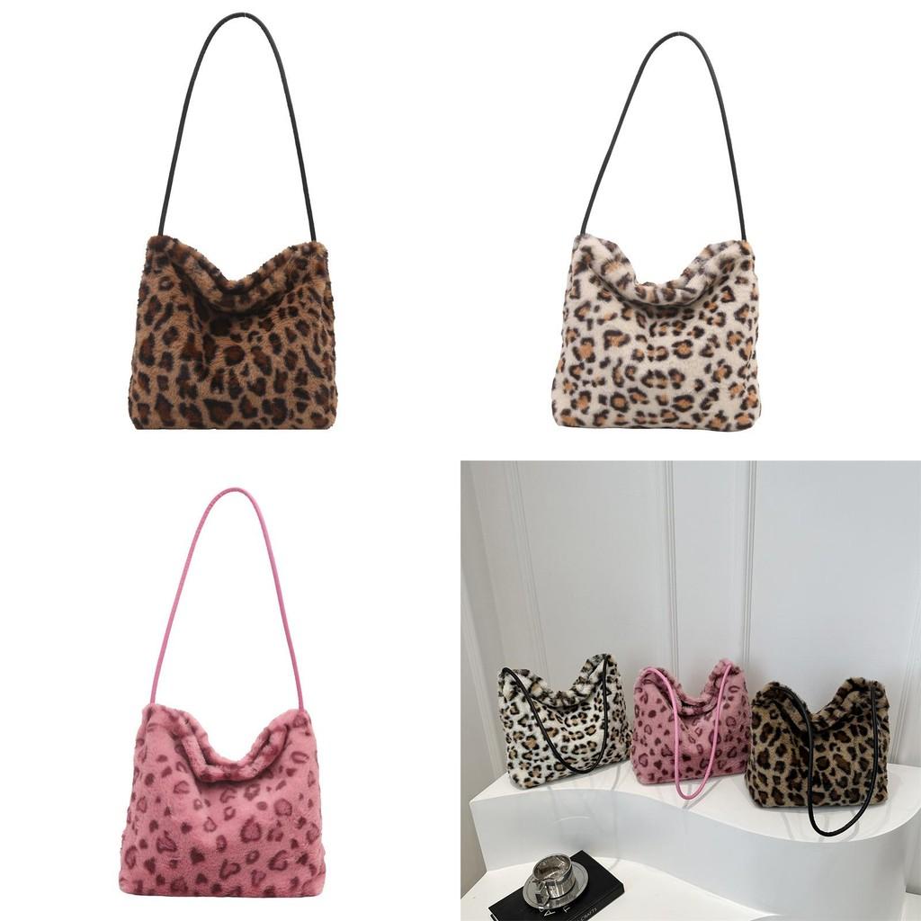Chic Oversized Plush Leopard Print Tote Bag For Women In Brown White And Pink Perfect For Daily Outings