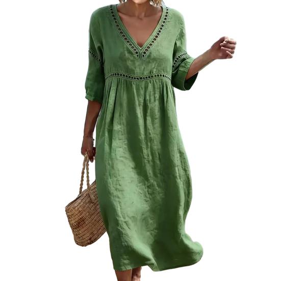 Summer Linen Dress for Women, Casual Beach A-Line Flowy Sundress, Short Sleeve V Neck Hollow Eyelets Long Dress