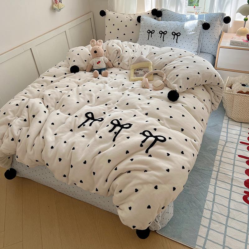 Girl Sweetheart Bow Embroidery Towel Embroidery Printing Thickened Milk Fleece Four-Piece Set