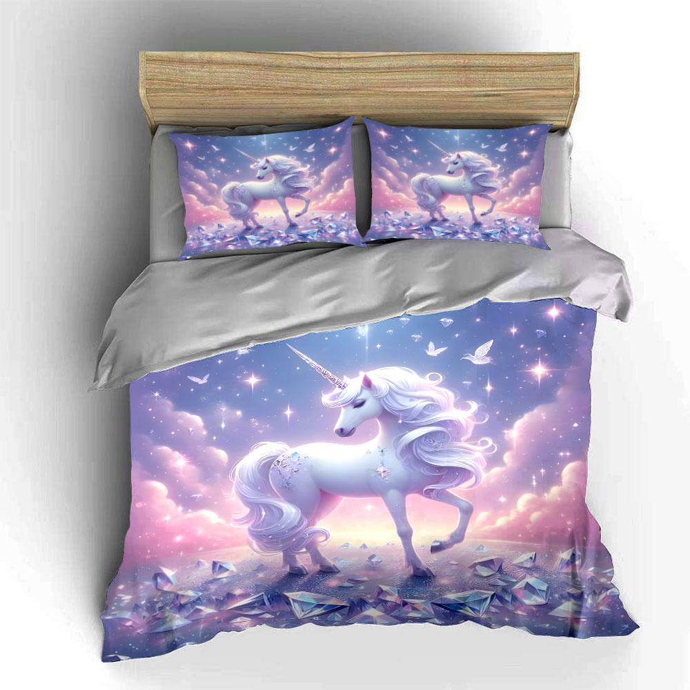 Enchanted Unicorn With Sparkling Crystals Duvet Cover Set With 3D Printing Design Soft Polyester Bedding Set All-Season Comfort