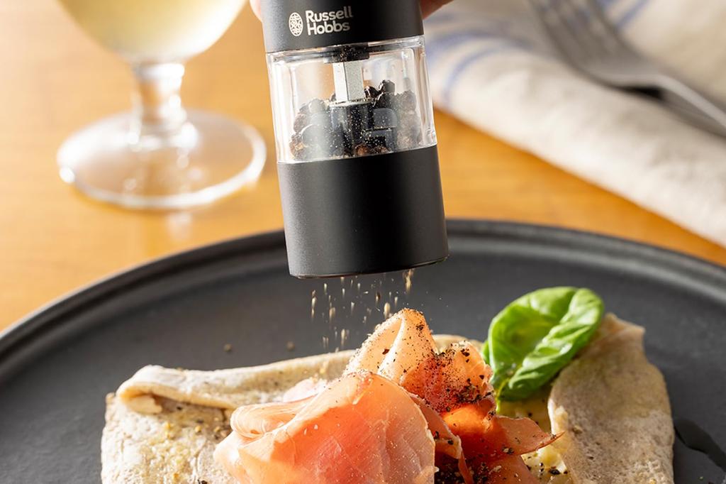 Russell Hobbs Electric Salt & Pepper Mill, Rechargeable, for Rock Salt, Pepper, and Spices, Adjustable Coarseness, Mini, Set of 2, Black, 7942JP-BK