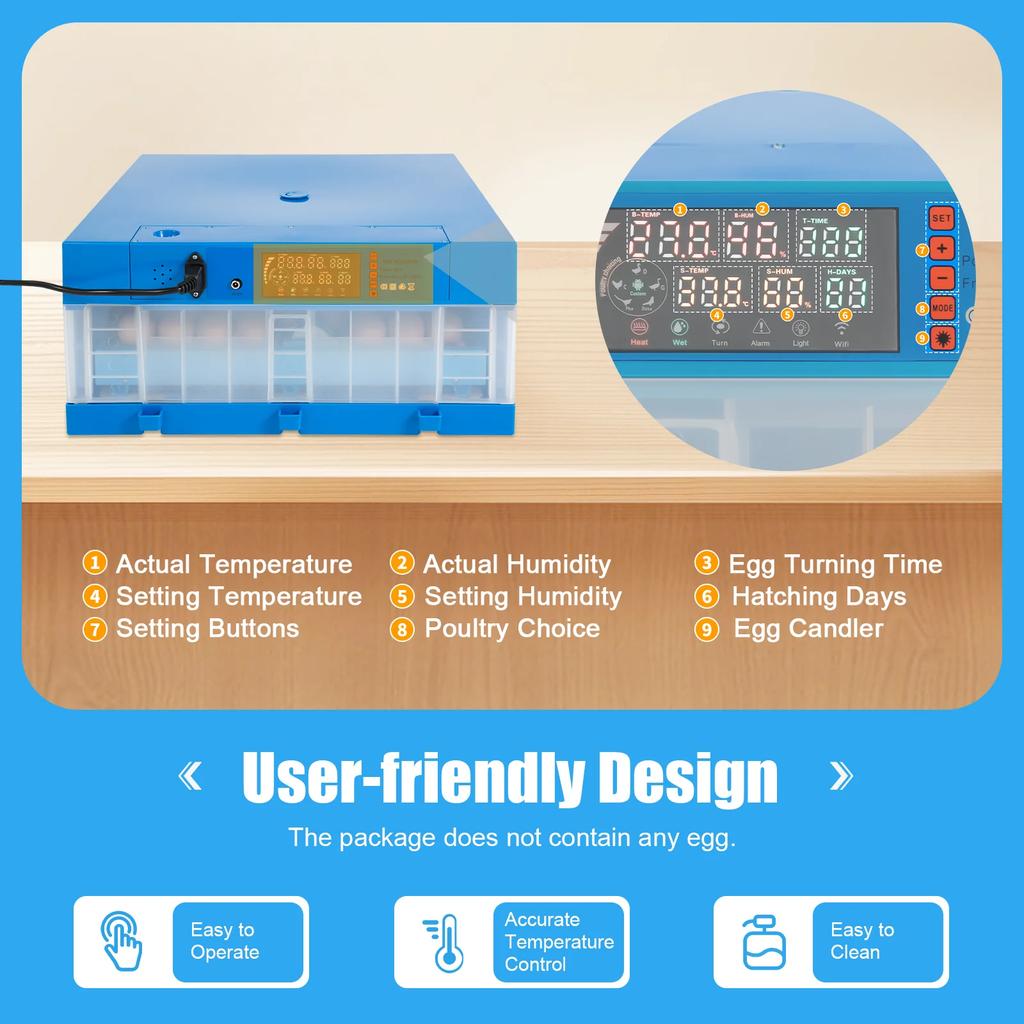 Bymaocar Blue 64 Egg Automatic Incubator Digital Poultry Hatcher W/ Temperature & Humidity Control,Auto Egg Turning Function