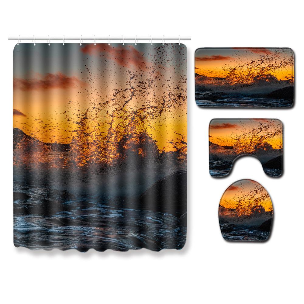 Scenic Shower Curtain Floor Mat Combination Four-Piece Set Bathroom Toilet Carpet Shower Room Mat Doormat