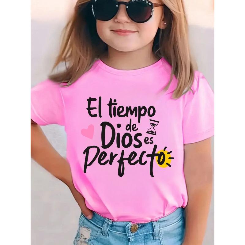 

European sizes Summer Fashion Girls Short Sleeve T-Shirt EL TIEMPO DE DIOS IS PERFECTO Letter Element Heart Print Casual Versatile Top 164cm рожевий