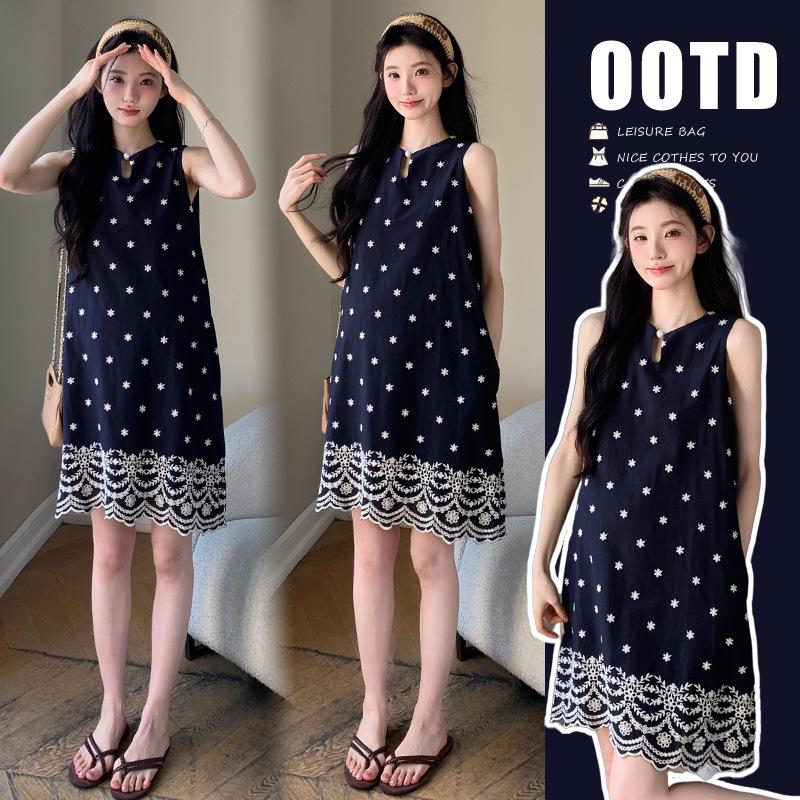 

2025 Summer Korean Style Embroidered Sleeveless Loose Midi Dress Extra Large