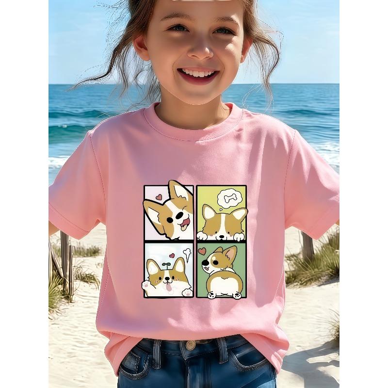 European sizes Girls' 4-Panel Cute Corgi Print Short Sleeve T-Shirt - Casual Round Neck Regular Fit, Soft Cute Multiple Expression